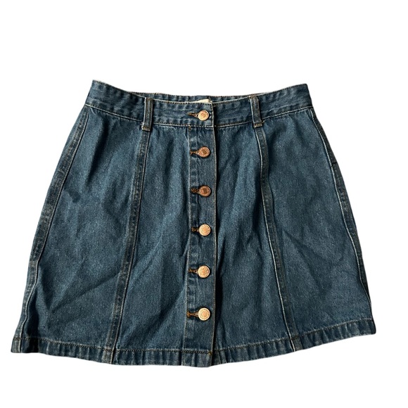 Forever 21 Women's Denim Mini Skirt Size M Blue Full Button Front A-Line - Picture 2 of 5